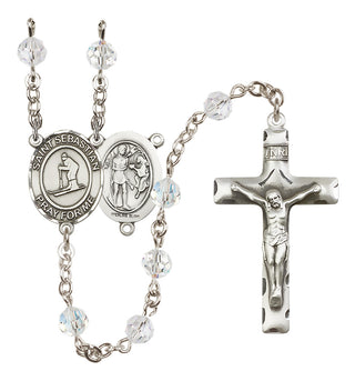 Sterling Silver 6mm Austrian Crystal Saint Sebastian/Skiing Rosary in Crystal