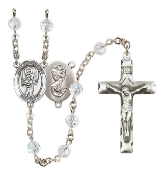 Sterling Silver 6mm Austrian Crystal Saint Christopher/Baseball Rosary in Crystal
