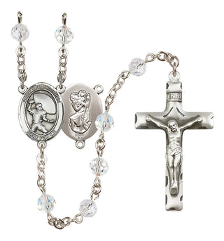Sterling Silver 6mm Austrian Crystal Saint Christopher / Football Rosary in Crystal