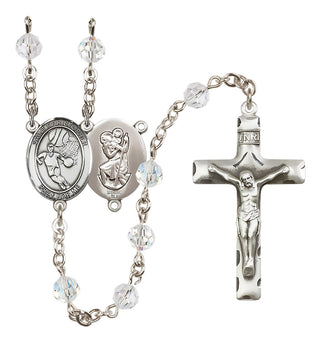 Sterling Silver 6mm Austrian Crystal Saint Christopher/Basketball Rosary in Crystal