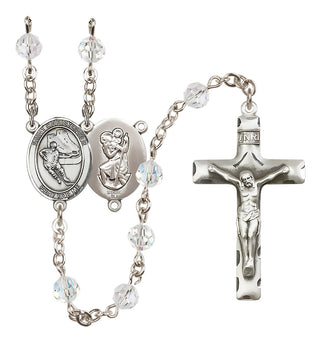 Sterling Silver 6mm Austrian Crystal Saint Christopher/Hockey Rosary in Crystal