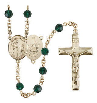 14 Karat Gold-Filled 6mm Austrian Crystal Saint Brendan the Navigator/Navy Rosary in Emerald