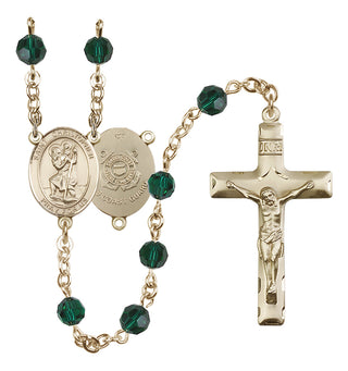 14 Karat Gold-Filled 6mm Austrian Crystal Saint Christopher / Coast Guard Rosary in Emerald