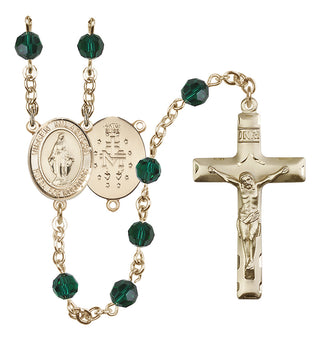 14 Karat Gold-Filled 6mm Austrian Crystal Virgen Milagrosa Rosary in Emerald