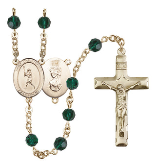 14 Karat Gold-Filled 6mm Austrian Crystal Saint Christopher/Baseball Rosary in Emerald