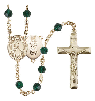 14 Karat Gold-Filled 6mm Austrian Crystal Saint Christopher/Ice Hockey Rosary in Emerald