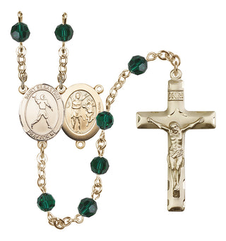14 Karat Gold-Filled 6mm Austrian Crystal Saint Sebastian/Football Rosary in Emerald