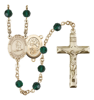 14 Karat Gold-Filled 6mm Austrian Crystal Saint Sebastian/Skiing Rosary in Emerald