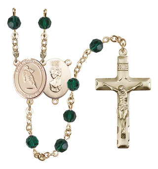 14 Karat Gold-Filled 6mm Austrian Crystal Saint Christopher / Rugby Rosary in Emerald