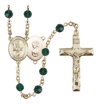 14 Karat Gold-Filled 6mm Austrian Crystal Saint Christopher/Baseball Rosary in Emerald
