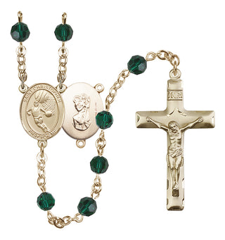14 Karat Gold-Filled 6mm Austrian Crystal Saint Christopher/Basketball Rosary in Emerald