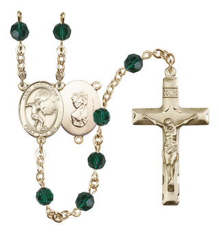 14 Karat Gold-Filled 6mm Austrian Crystal Saint Christopher/Soccer Rosary in Emerald