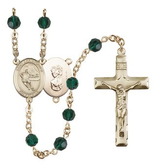 14 Karat Gold-Filled 6mm Austrian Crystal Saint Christopher/Hockey Rosary in Emerald