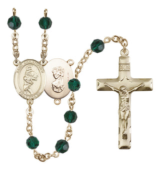 14 Karat Gold-Filled 6mm Austrian Crystal Saint Christopher/Softball Rosary in Emerald