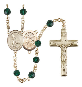 14 Karat Gold-Filled 6mm Austrian Crystal Saint Sebastian / Football Rosary in Emerald