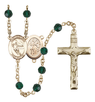 14 Karat Gold-Filled 6mm Austrian Crystal Saint Sebastian / Hockey Rosary in Emerald