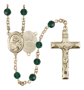 14 Karat Gold 6mm Austrian Crystal Saint Joan of Arc /Coast Guard Rosary in Emerald