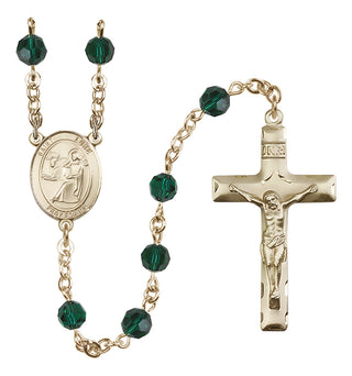 14 Karat Gold 6mm Austrian Crystal Saint Luke the Apostle Rosary in Emerald