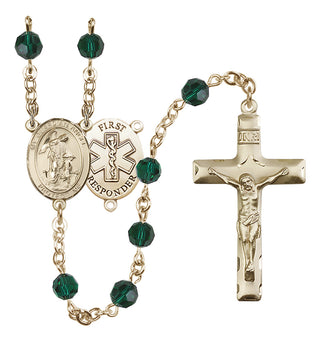 14 Karat Gold 6mm Austrian Crystal Guardian Angel/1st Responders Rosary in Emerald