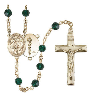 14 Karat Gold 6mm Austrian Crystal Saints Cosmas & Damian / Doctors Rosary in Emerald