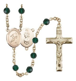 14 Karat Gold 6mm Austrian Crystal Saint Christopher/Soccer Rosary in Emerald