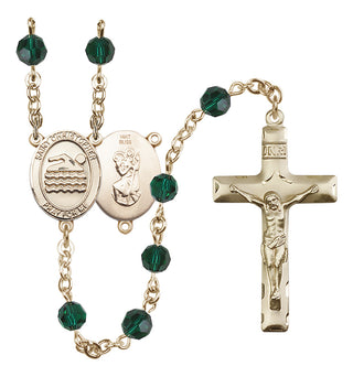 14 Karat Gold 6mm Austrian Crystal Saint Christopher/Swimming Rosary in Emerald