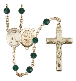 14 Karat Gold 6mm Austrian Crystal Saint Sebastian/Baseball Rosary in Emerald