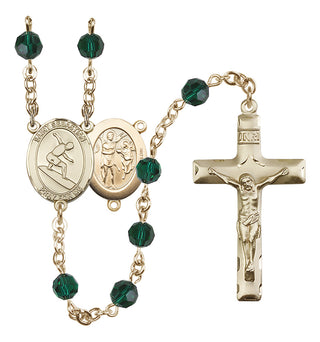 14 Karat Gold 6mm Austrian Crystal Saint Sebastian/Surfing Rosary in Emerald