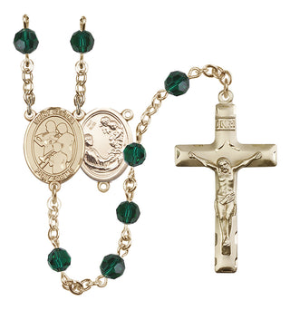 14 Karat Gold 6mm Austrian Crystal Saint Cecilia / Marching Band Rosary in Emerald