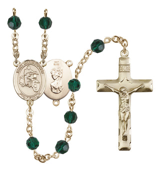 14 Karat Gold 6mm Austrian Crystal Saint Christopher/Motorcycle Rosary in Emerald