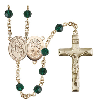 14 Karat Gold 6mm Austrian Crystal Saint Sebastian / Motorcycle Rosary in Emerald