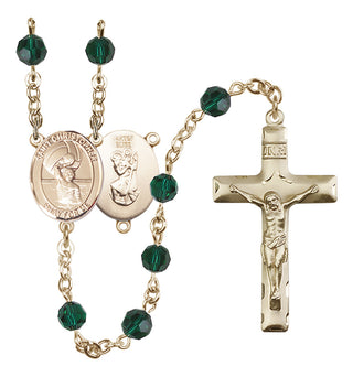 14 Karat Gold 6mm Austrian Crystal Saint Christopher/Water Polo Men Rosary in Emerald