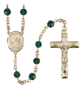 14 Karat Gold 6mm Austrian Crystal Saint Aloysius Gonzaga Rosary in Emerald