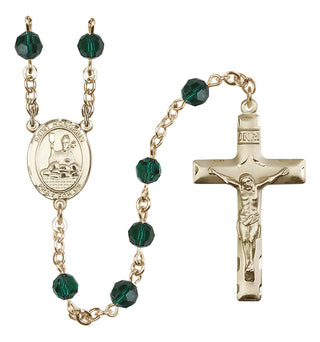 14 Karat Gold 6mm Austrian Crystal Saint Honorius of Amiens Rosary in Emerald