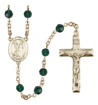 14 Karat Gold 6mm Austrian Crystal Saint Rocco Rosary in Emerald