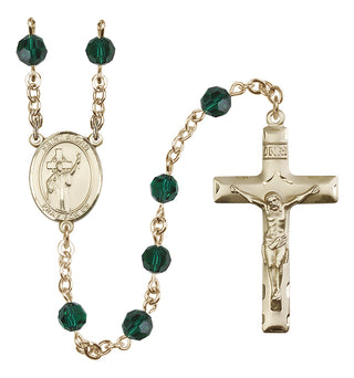 14 Karat Gold 6mm Austrian Crystal Saint Aidan of Lindesfarne Rosary in Emerald