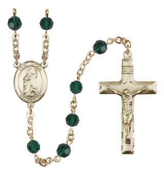 14 Karat Gold 6mm Austrian Crystal Saint Drogo Rosary in Emerald