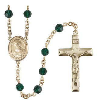 14 Karat Gold 6mm Austrian Crystal Saint Daniel Comboni Rosary in Emerald