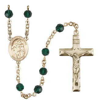 14 Karat Gold 6mm Austrian Crystal Guardian Angel w/Children Rosary in Emerald