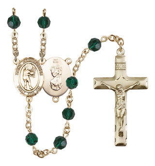 14 Karat Gold 6mm Austrian Crystal Saint Christopher/Basketball-Women Rosary in Emerald