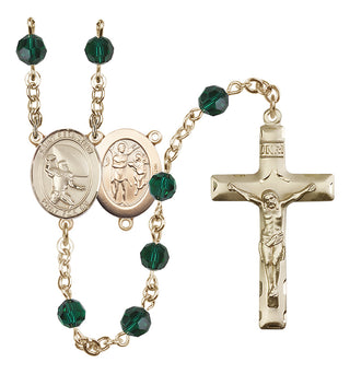 14 Karat Gold 6mm Austrian Crystal Saint Sebastian / Football Rosary in Emerald