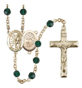 14 Karat Gold 6mm Austrian Crystal Saint Sebastian/Karate Rosary in Emerald