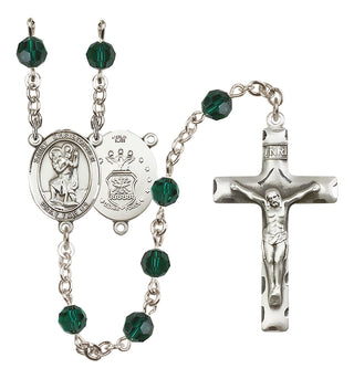 Sterling Silver 6mm Austrian Crystal Saint Christopher / Air Force Rosary in Emerald
