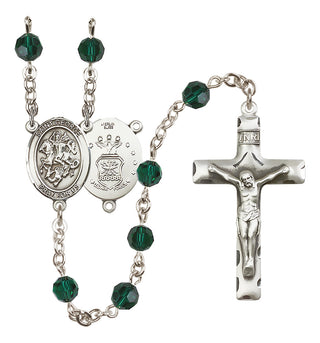 Sterling Silver 6mm Austrian Crystal Saint George / Air Force Rosary in Emerald