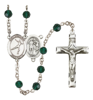 Sterling Silver 6mm Austrian Crystal Saint Sebastian/Figure Skating Rosary in Emerald