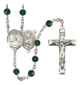 Sterling Silver 6mm Austrian Crystal Saint Christopher/Water Polo Women Rosary in Emerald