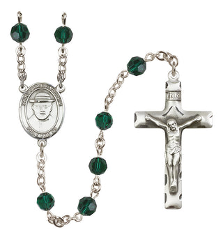 Sterling Silver 6mm Austrian Crystal Saint Damien of Molokai Rosary in Emerald