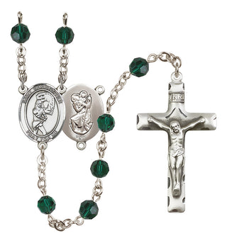 Sterling Silver 6mm Austrian Crystal Saint Christopher/Softball Rosary in Emerald