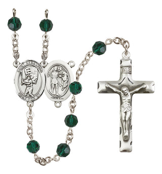 Sterling Silver 6mm Austrian Crystal Saint Sebastian / Baseball Rosary in Emerald