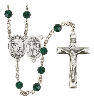 Sterling Silver 6mm Austrian Crystal Saint Sebastian / Football Rosary in Emerald